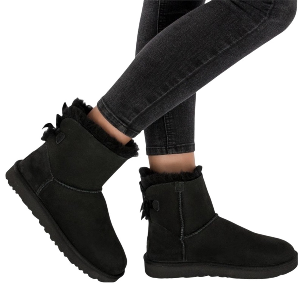UGG Mini Bailey Bow Water Resistant Suede Fur Winter Ankle Boots Black - Picture 5 of 12